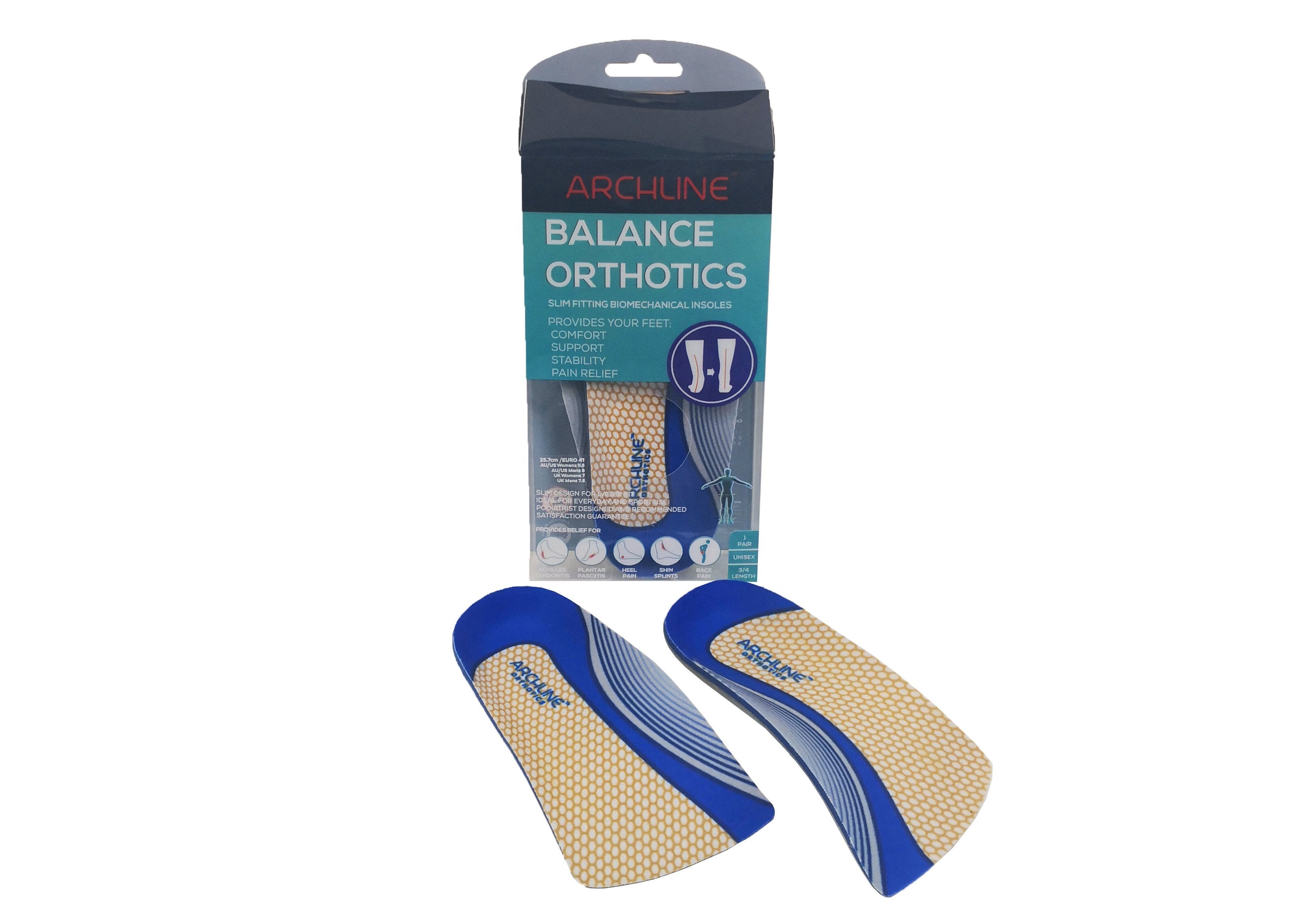 Archline Orthotic Insoles Slimline 3/4 Length (Unisex) Plantar Fasciitis Foot Pain Relief